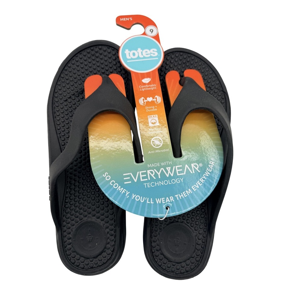 Totes Everywear Shoes Mens Size 9 Black Flip Flop Sandals Lightweight New‎